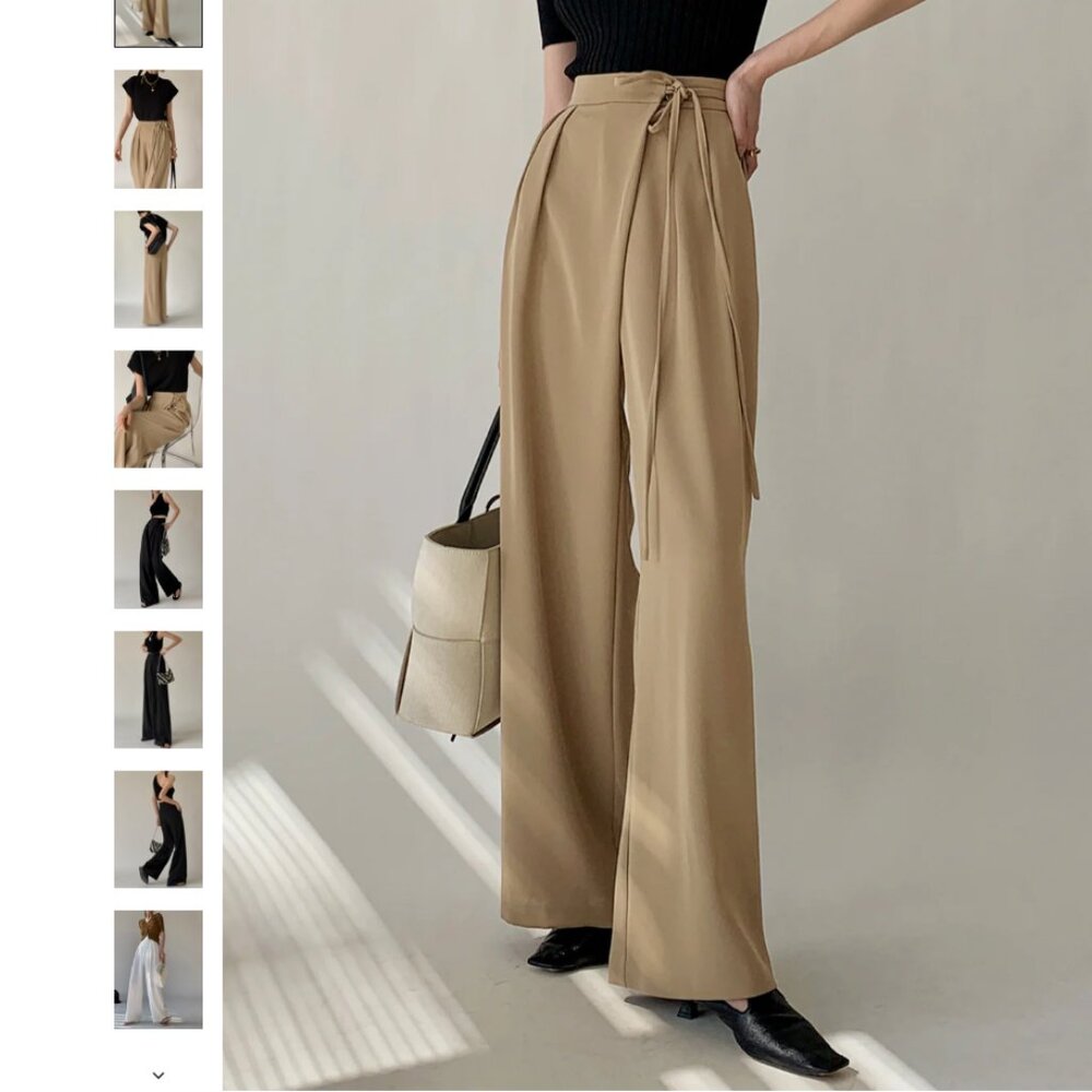 Tie Waist Flowy Wide Leg Dress Pants